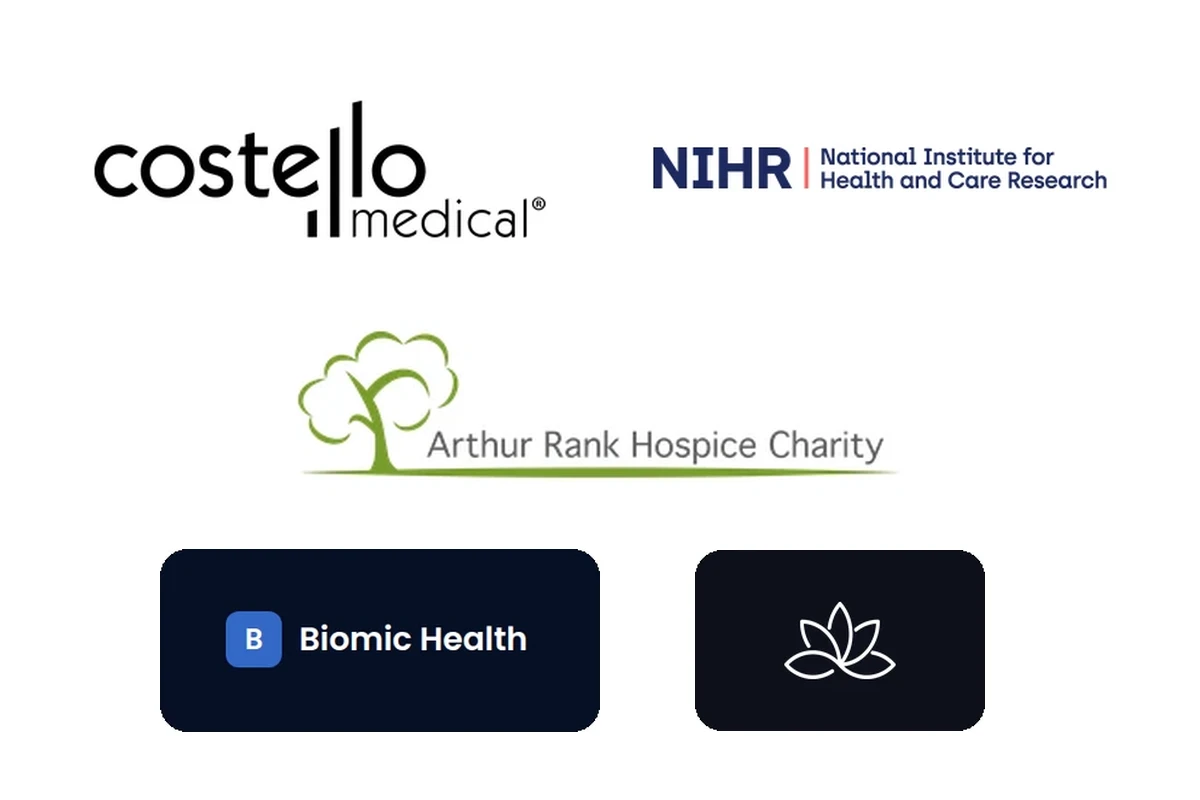 Logos of Arthur Rank Hospice Charity, Costello Medical, the National Institute for Health and Care Research, Biomic Health and Lotus
